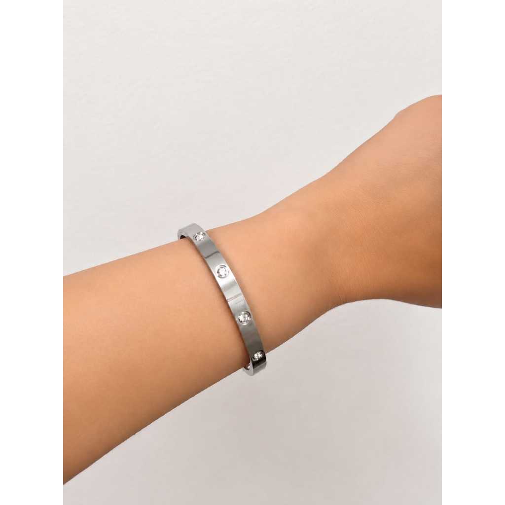 Pulseira Aberta de Aço Inoxidável 316L Bracelete Feminino com Zircônias Ponto de Luz, Antialérgico Não Escurece