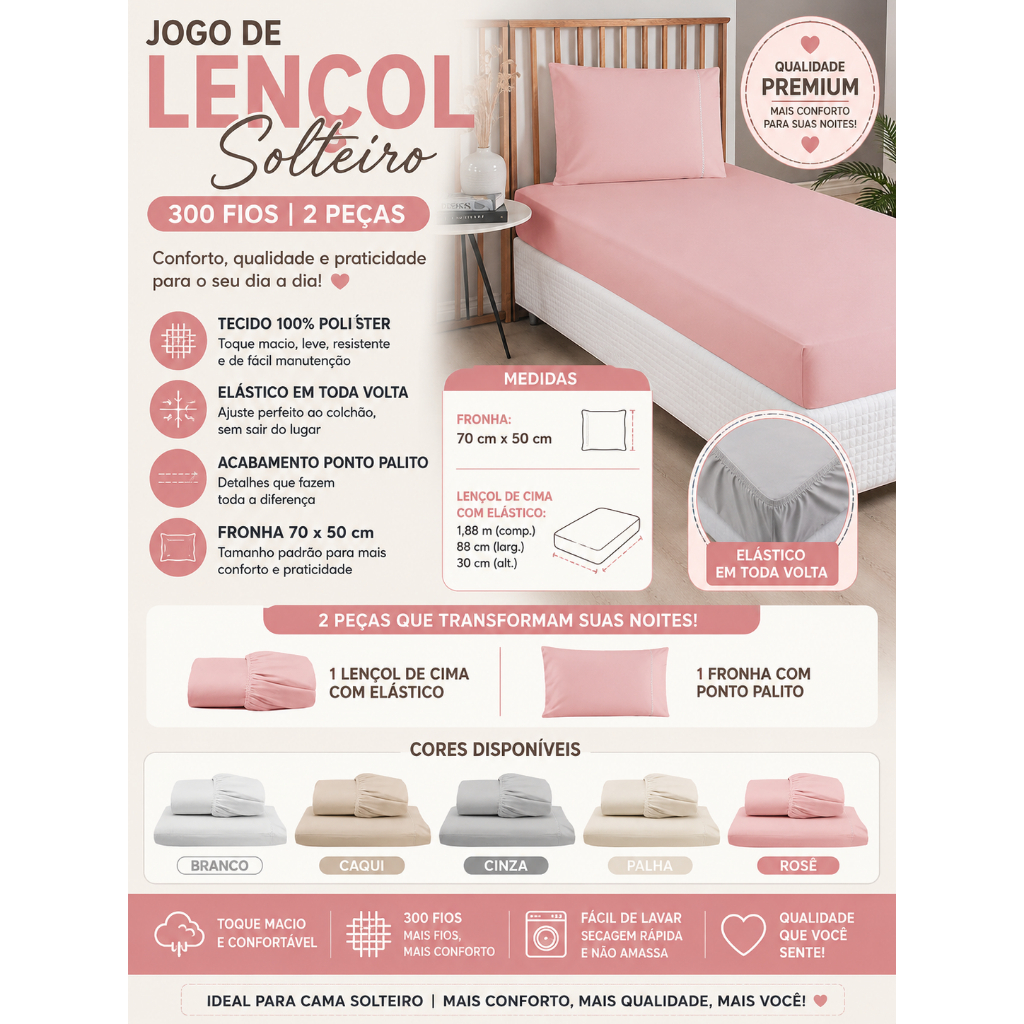 Jogo de Lençol kit Cama Solteiro 2 Peças com Elástico Micropercal 300 Fios Macio Ponto Palito
