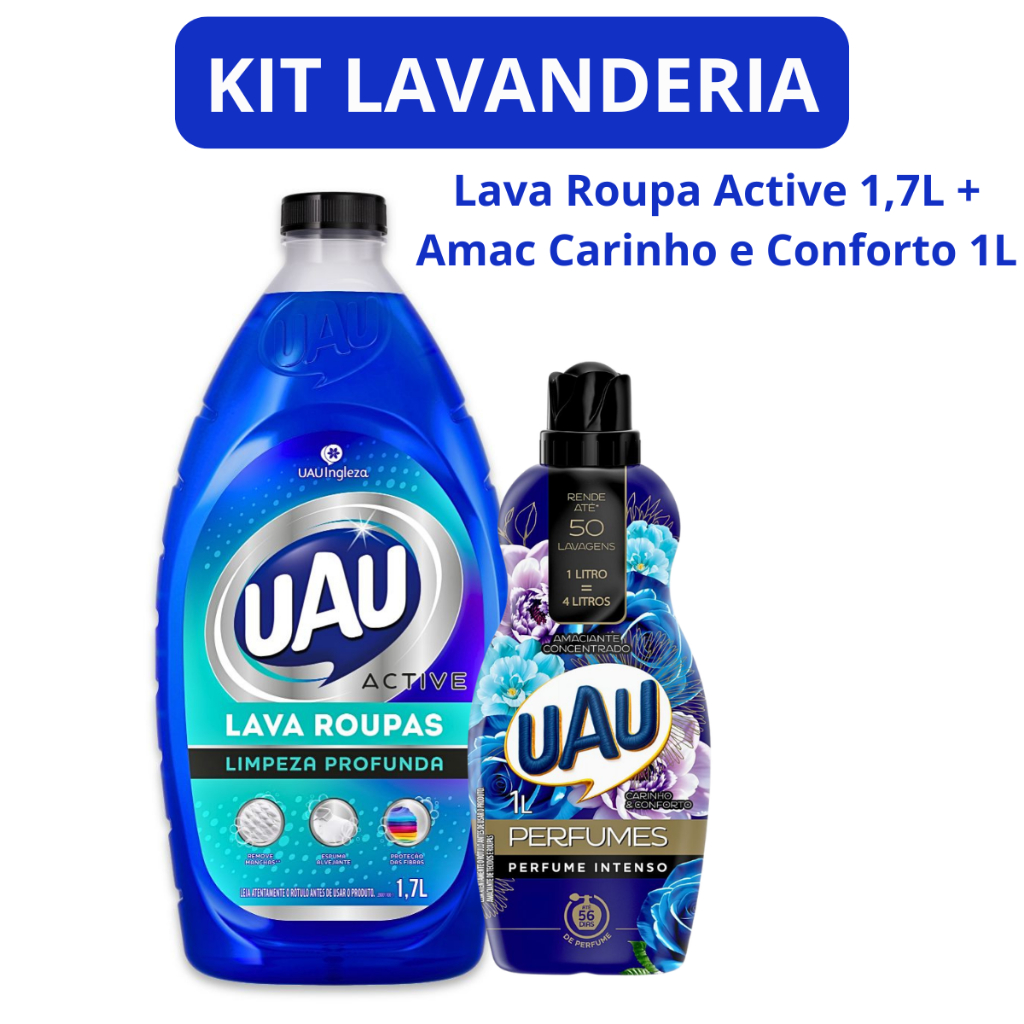 KIT LAVANDERIA UAU - Lava Roupa Active 1,7L + Amac Carinho e Conforto 1L