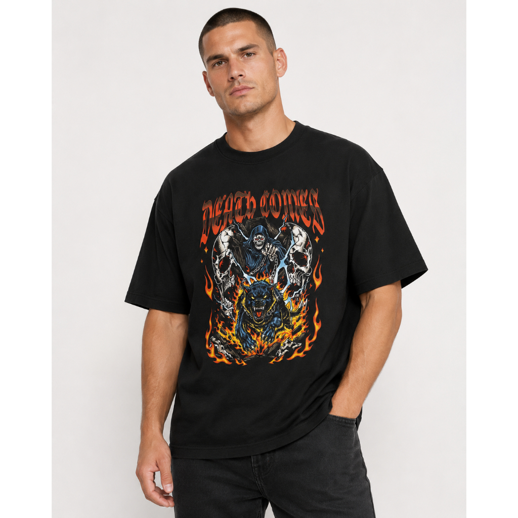 Camiseta Oversized Estampada Death Comes Streetwear 100% Algodão Suedine