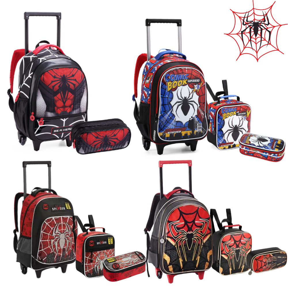 Mochila Infantil Menino Rodinha Spider Aranha Holográfico Escolar Reforçado Com Lancheira Térmica e Estojo Duplo