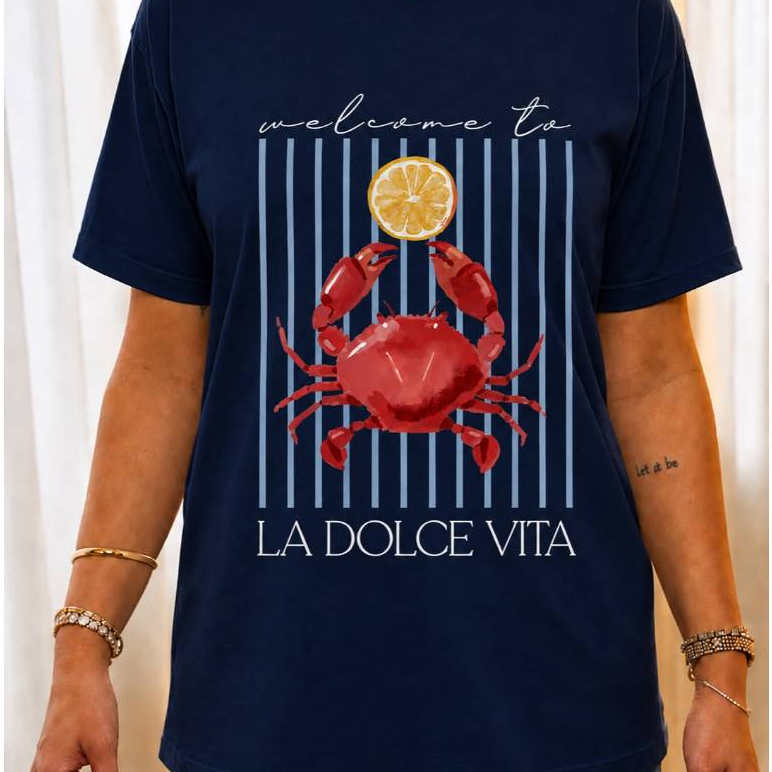 Camiseta Off- White Azul Branca Feminina Despojada Estampada Caranguejo Crab Verão Confortável Tropical Estilosa Algodão