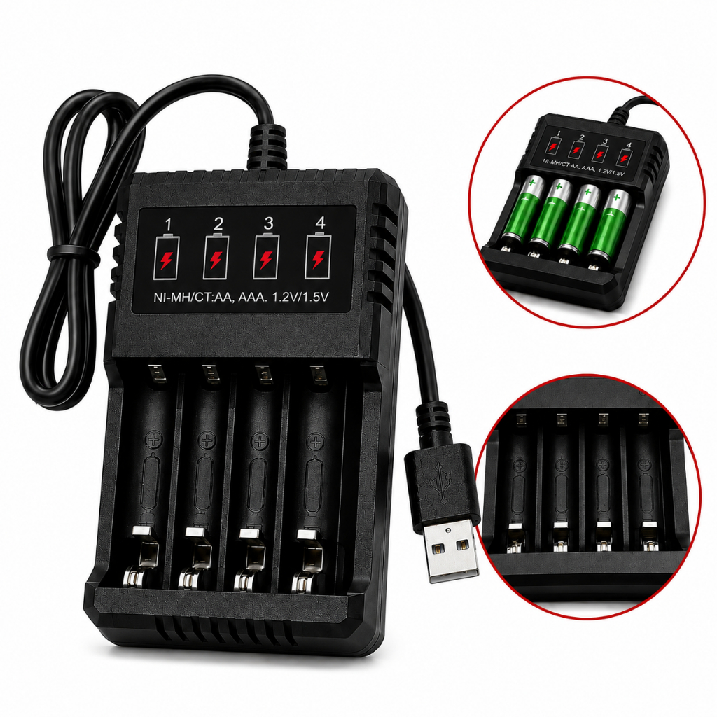 Carregador de Pilhas USB + pilhas AA e AAA Kapbom Rápido Bivolt