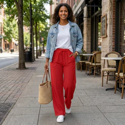 Calça Pantalona Feminina Cintura Alta com Bolsos Tecido Duna Elegante Casual Moda Verão