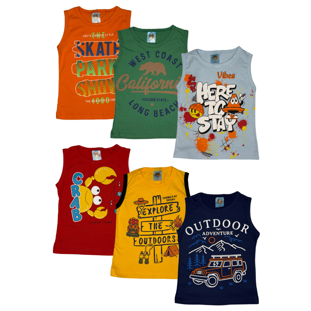 Kit 3 Regatas Infantil Menino Básica Estampada Sortido Tamanho 1 ao 8 anos Casual