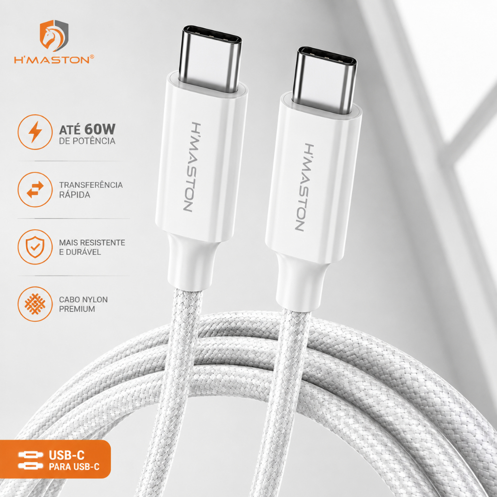 Cabo USB Tipo C para Tipo C 60W Carregamento Rápido 2 Metros Fio Turbo Nylon Compatível com iPhone 15 16 17 Android