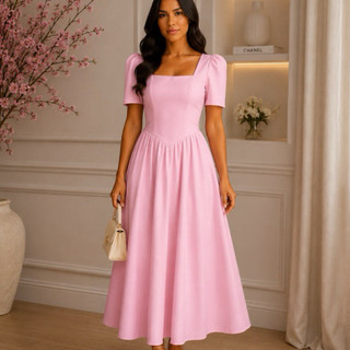 Vestido Midi Linho com Amarração Estilo Corset ES-VES-085