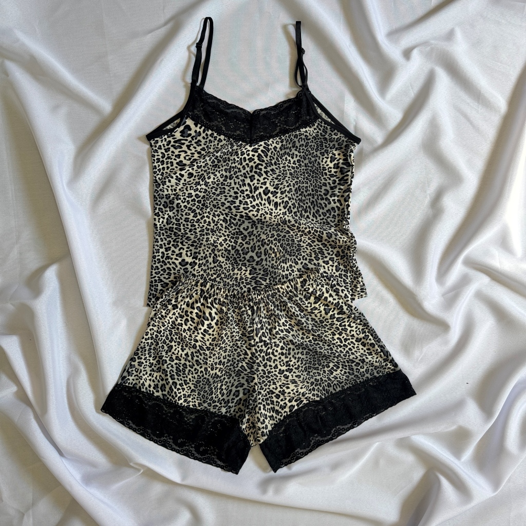 Baby Doll Feminino Liganete com Renda Alça Regulável Estampado Oncinha Cinza Pijama Curto Premium Confortável Verão