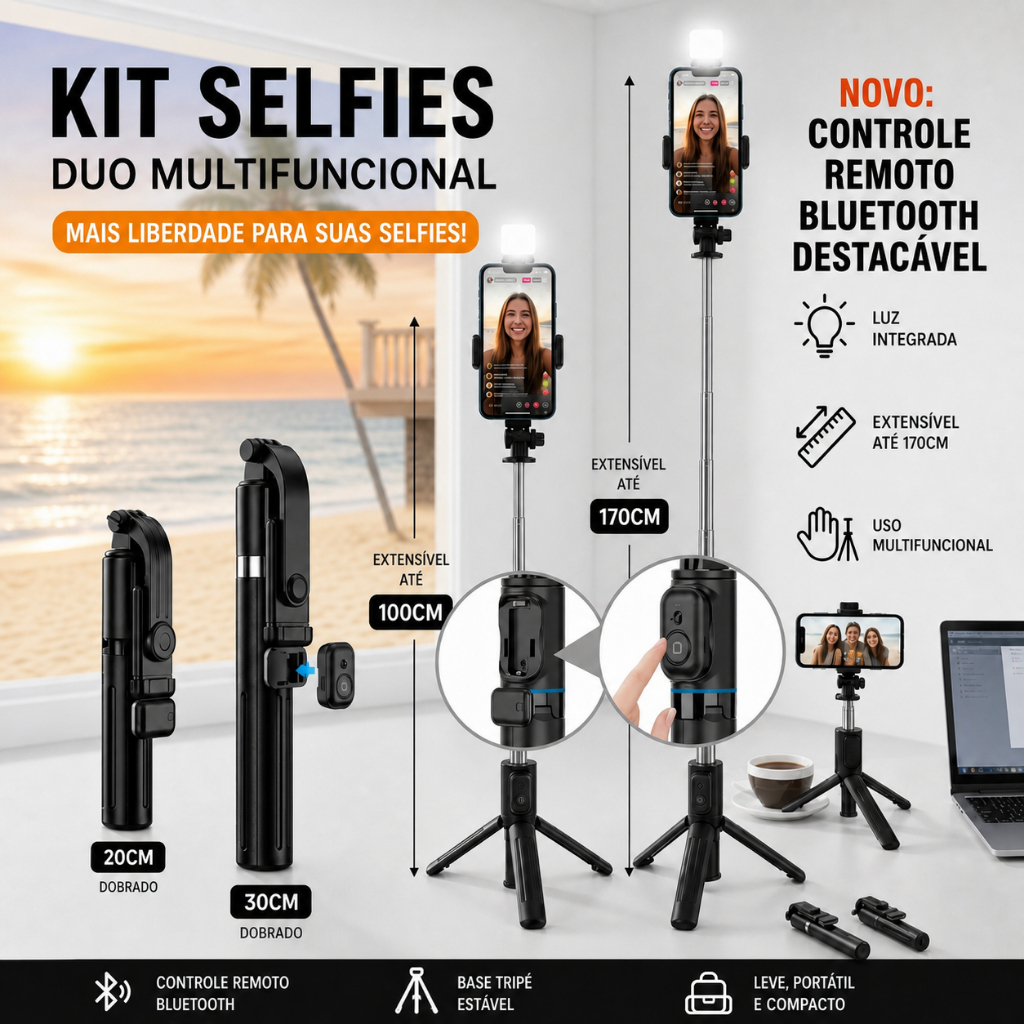Pau de Selfie Tripé com Luz LED Recarregável Bluetooth Extensível e Portátil para Celular