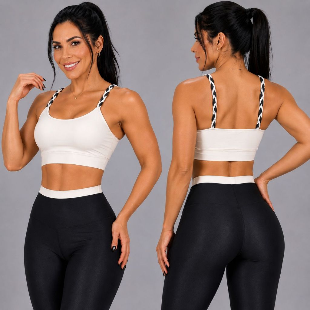Conjunto Academia Premium Fitness Top e Calça Legging Cintura Alta Zero Transparência Compressão Microcanelado Aveludado