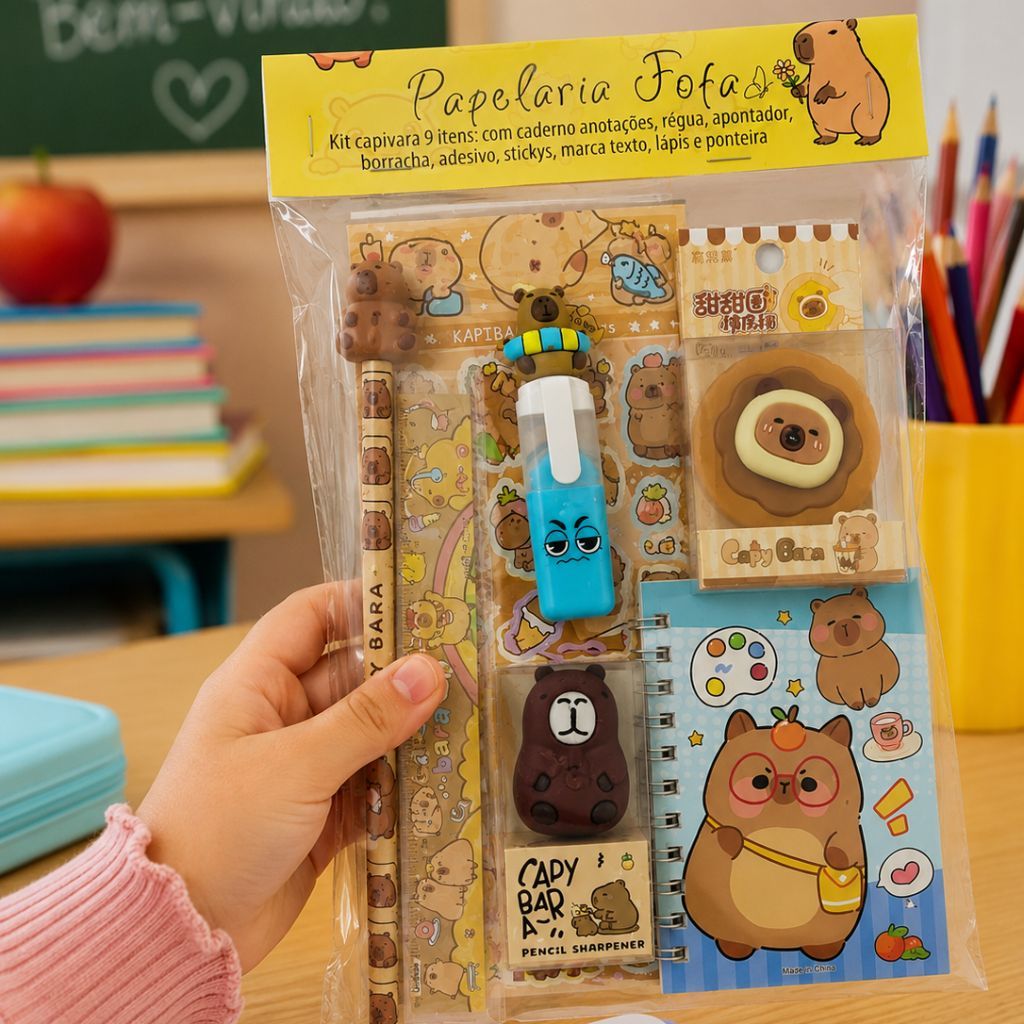 Kit Papelaria Fofa Capivara – 9 itens Superfofos e Funcionais | Papelaria Criativa e Material Escolar Estudo Organização