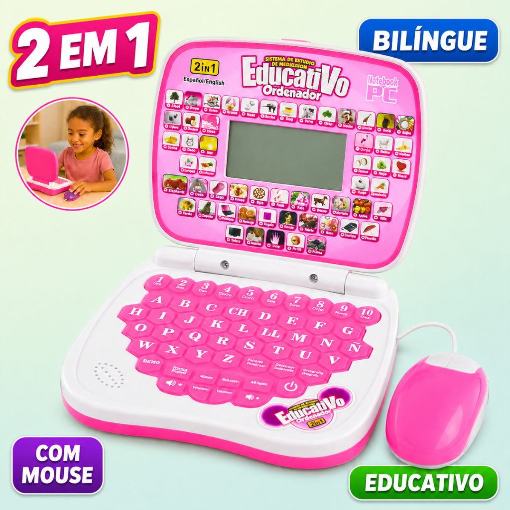 Laptop Infantil Bilíngue com Mouse Brinquedo Educativo 3 Anos Menina Rosa Mini