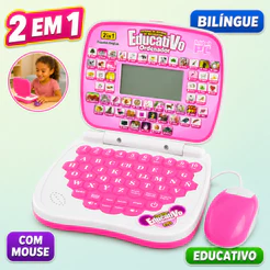 Laptop Infantil Bilíngue com Mouse Brinquedo Educativo 3 Anos Menina Rosa Mini