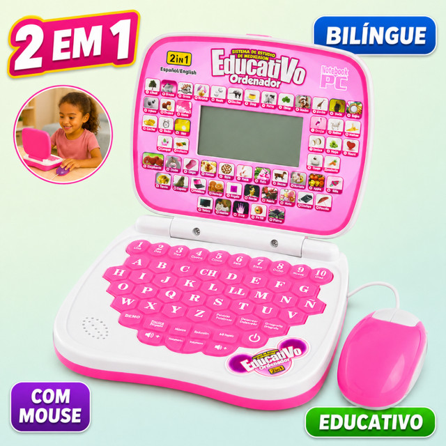 Laptop Infantil Bilíngue com Mouse Brinquedo Educativo 3 Anos Menina Rosa Mini