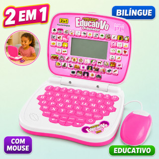 Laptop Infantil Bilíngue com Mouse Brinquedo Educativo 3 Anos Menina Rosa Mini