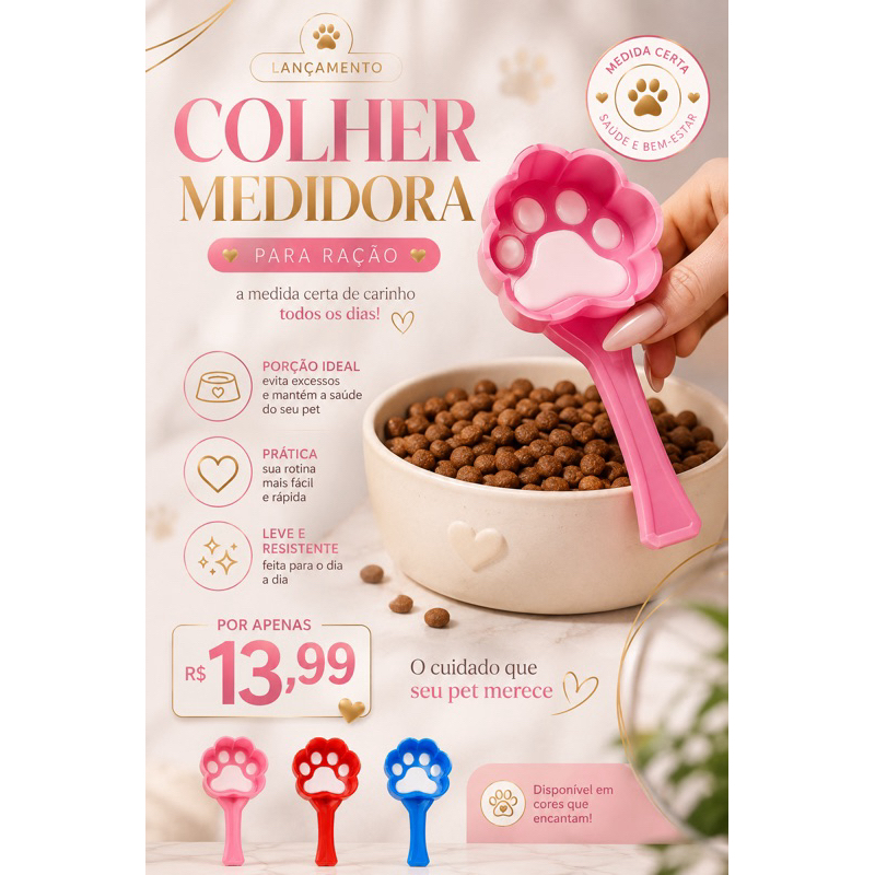 Pá Colher dosadora para Ração Pet em Formato de Patinha - Medidor de Ração para Cães e Gato com Design Fofo e Prático