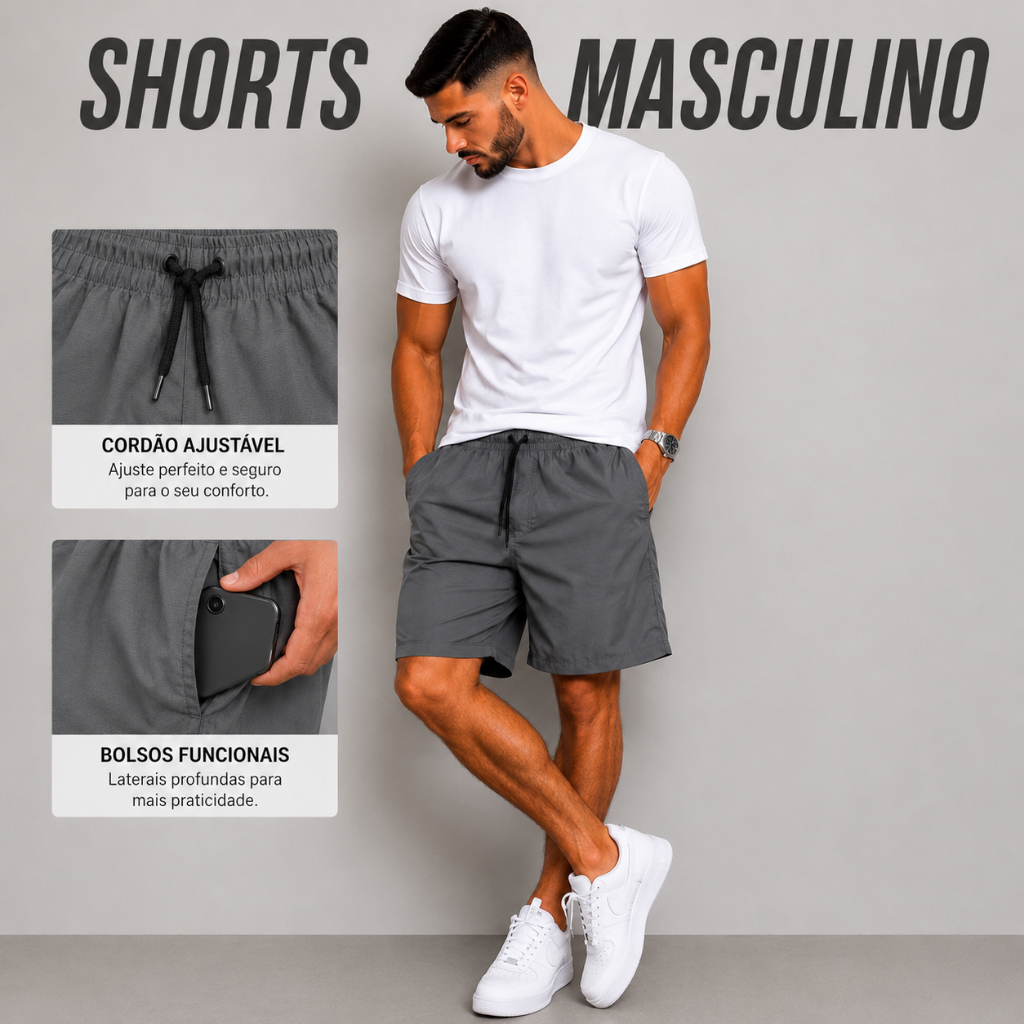 Shorts Tactel Com Elastano Masculino Microfibra Dry Fit Bolso Cordão Ajustável Praia Academia Piscina Casual Treino