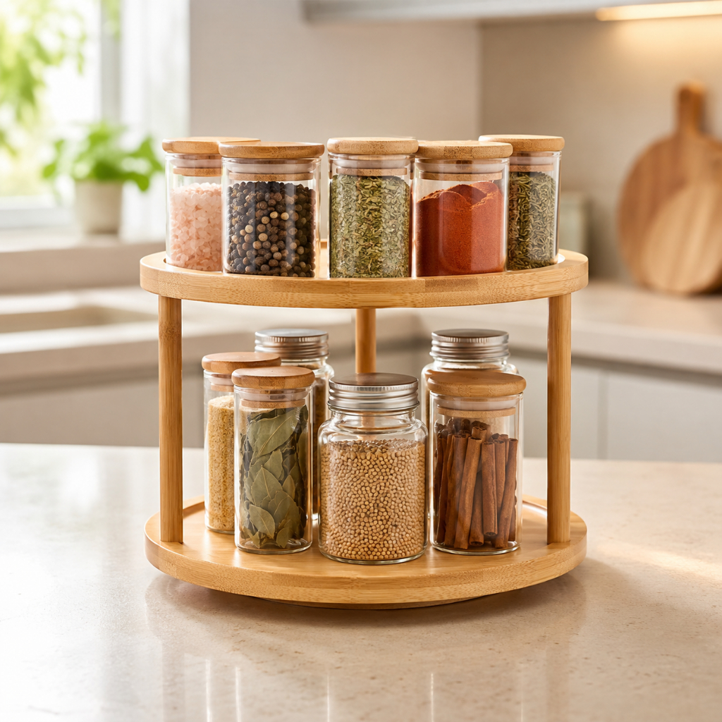 Organizador Bambu Giratório 2 Níveis Porta Temperos Cozinha Banheiro Armário Bancada ENVIO IMEDIATO
