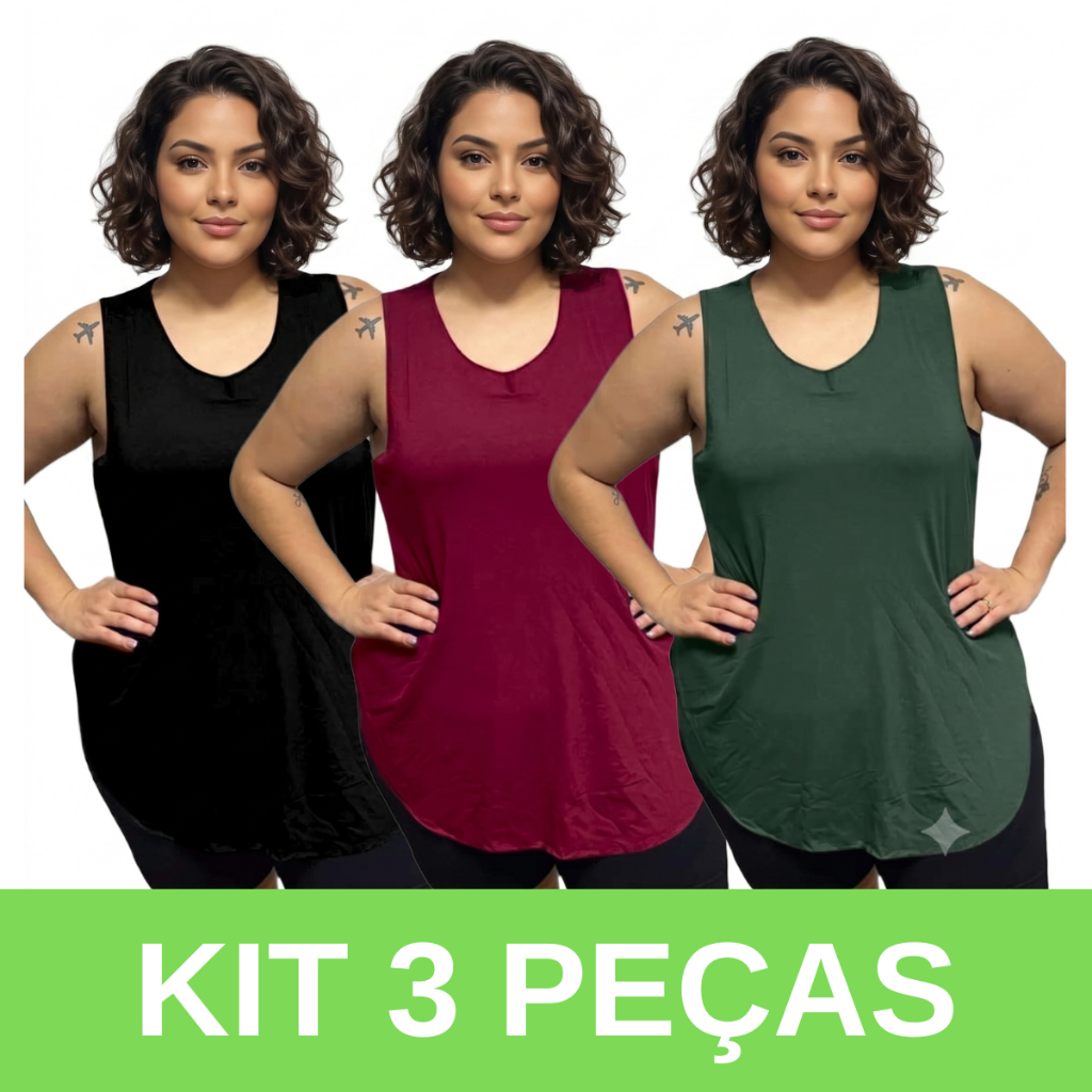 KIT 3 Camiseta Regata Tapabumbum Costa Nadador Feminina Plus Size Fitness