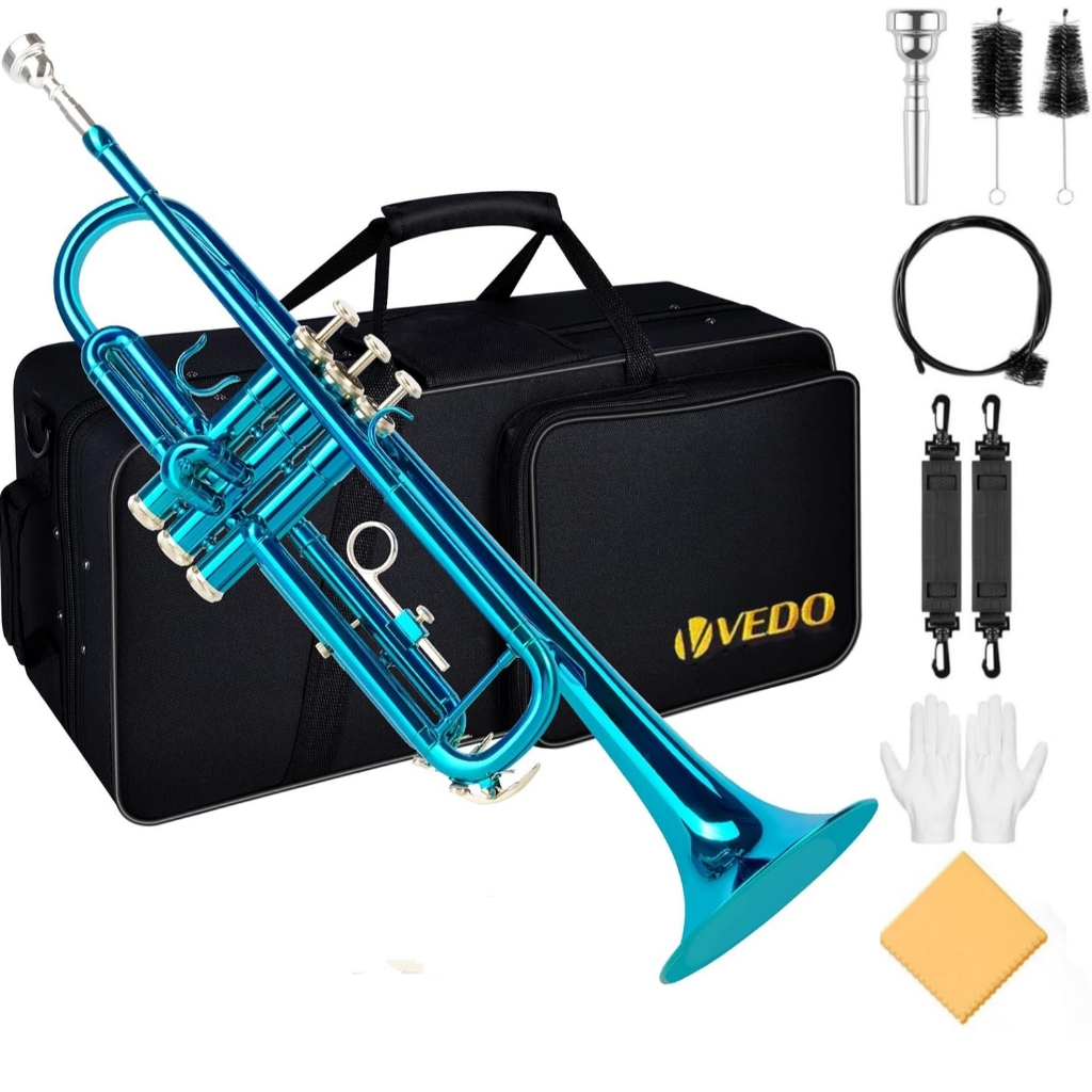 Trompete Bb para Iniciantes Kit Completo, Instrumento Musical de Sopro para Estudantes com Estojo Rígido, Bocal 7C