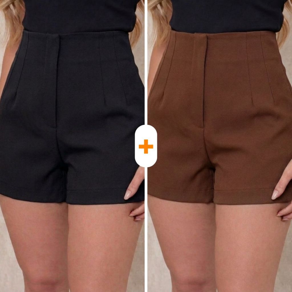 kit 2 Short Feminino Cintura Alta Alfaiataria Elegante Confortável P ao GG Modelagem Premium