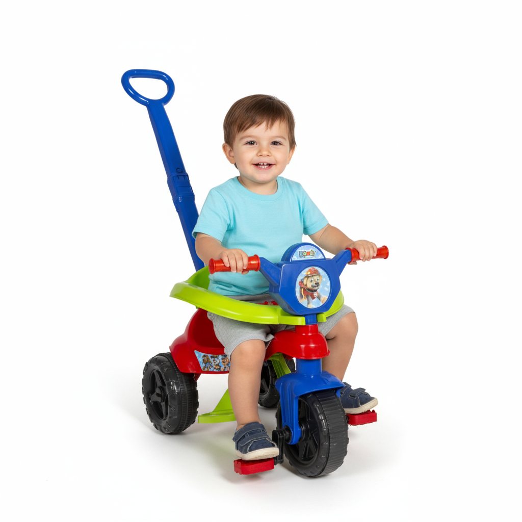 Triciclo Motoca Velotrol Menino Completo: Pedais, Empurrador, Protetor e Apoio | Certif. INMETRO