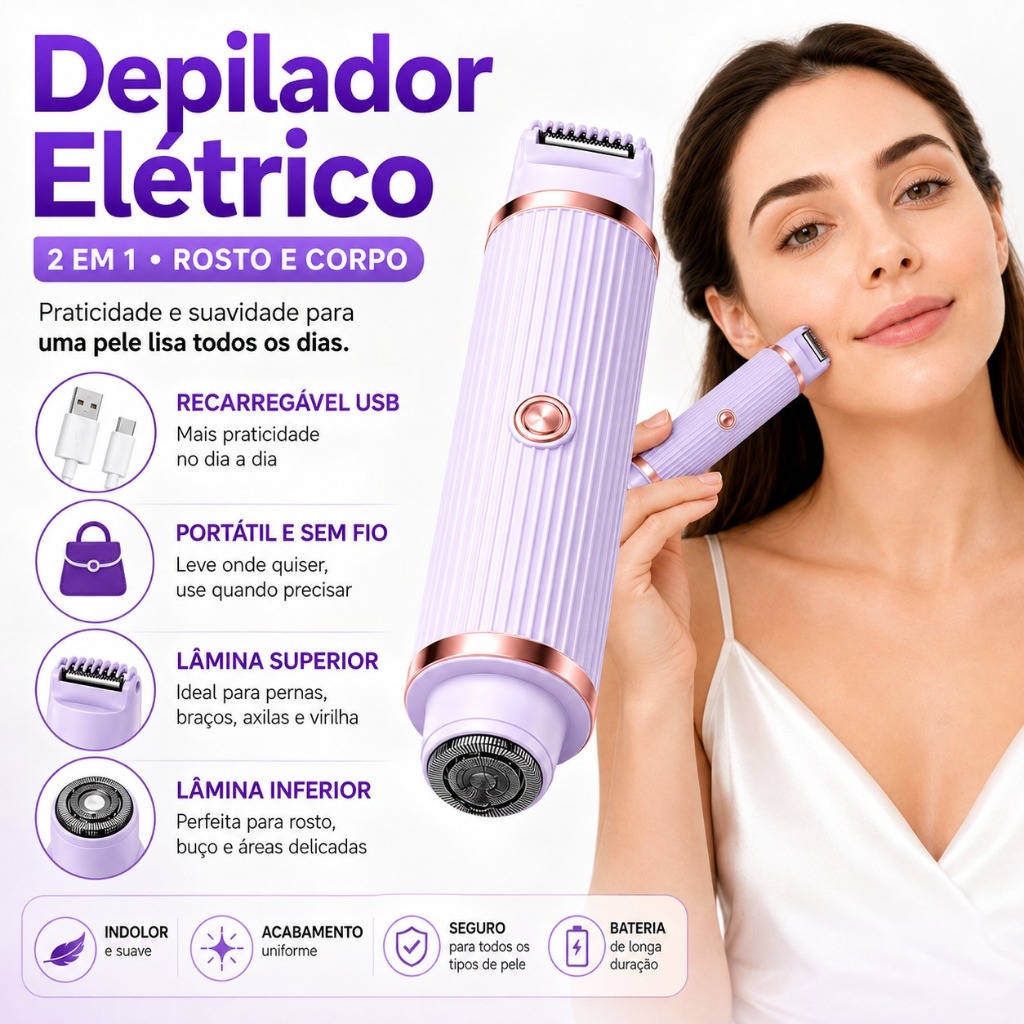 Depilador Elétrico Feminino 2 em 1 Rosto e Corpo Recarregável USB Sem Fio