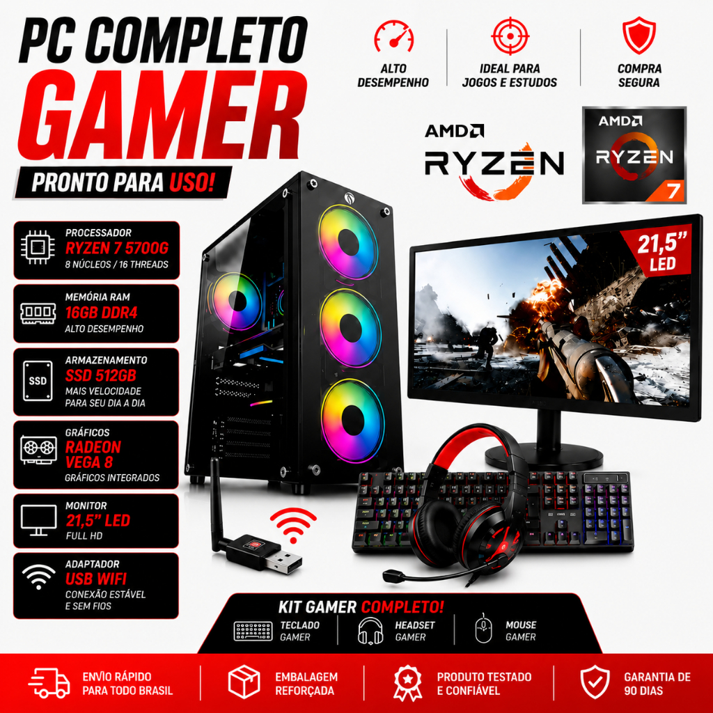 Pc Completo Gamer Ryzen 7 5700g Ssd 512gb 2x8gb 3200MHZ Monitor 21,5'' - Kit Gam