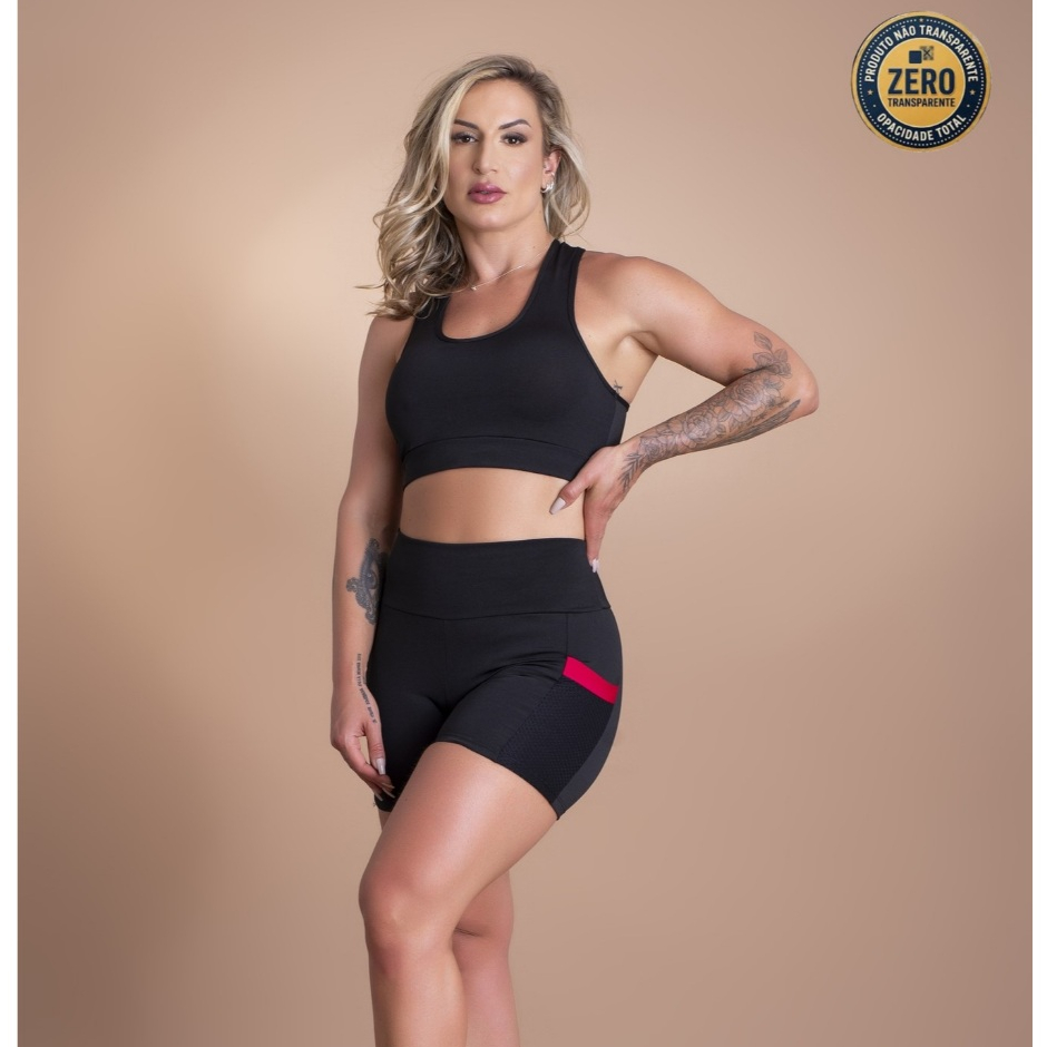 Conjunto Fitness Feminino Short Bolso Tela Resistente E Top Nadador Liso Básico Academia Treino ZERO TRANSPARÊNCIA