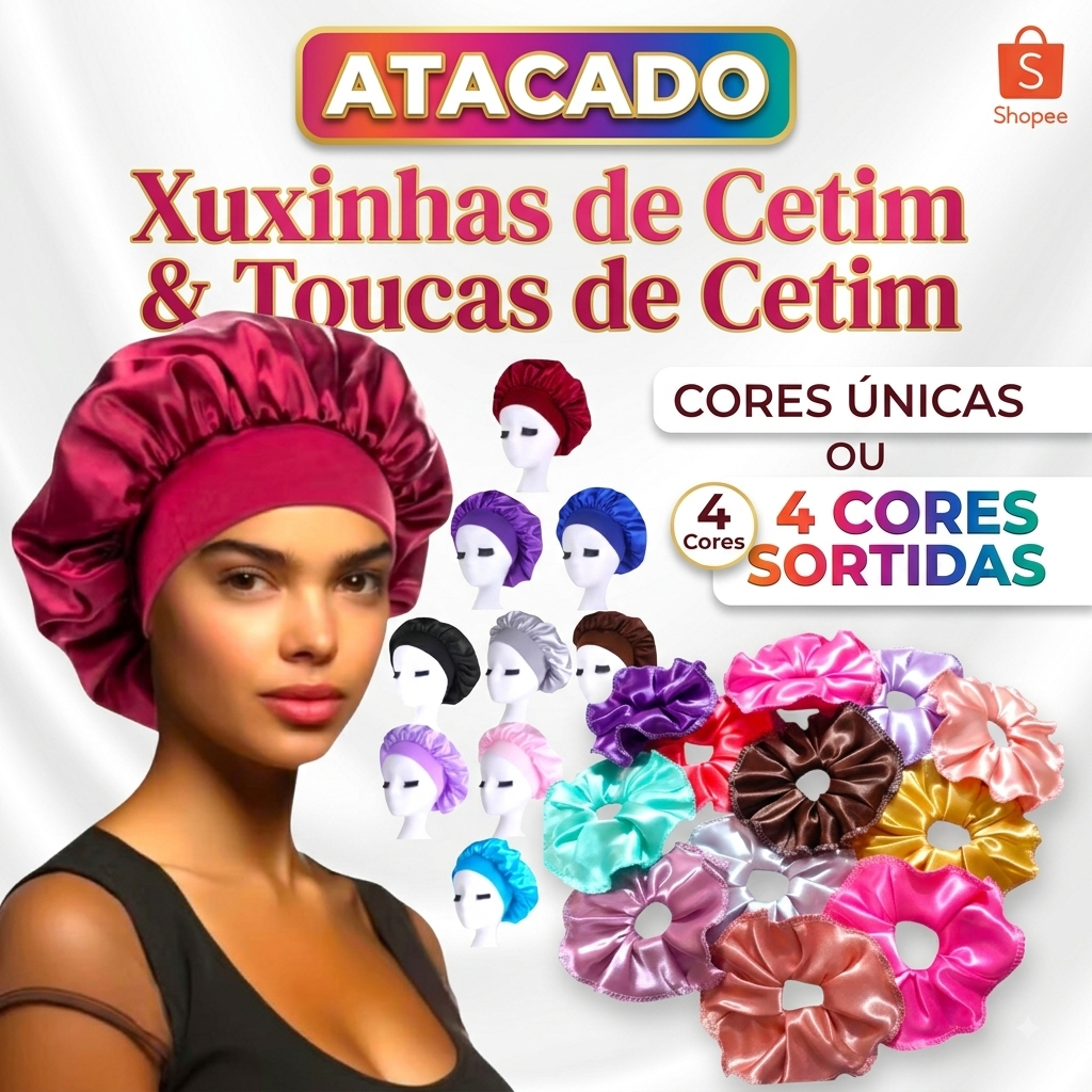 Atacado Touca De Cetim + Xuxinha De Cetim Anti-Frizz Com Faixa Suplex
