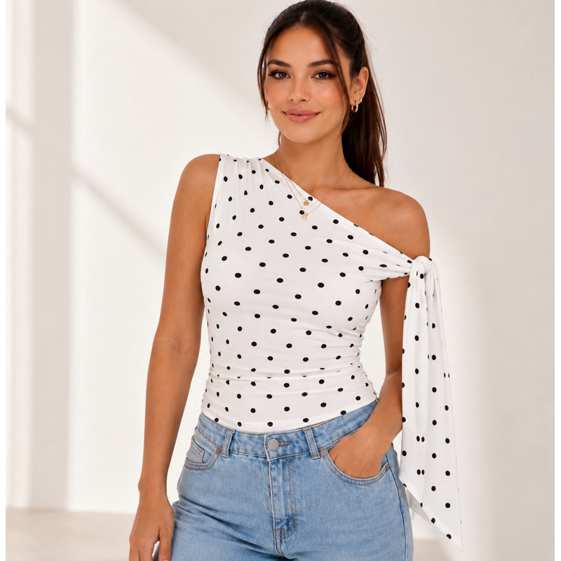 Blusinha Feminina Elegante de Um Ombro Só – Modelo com Laço