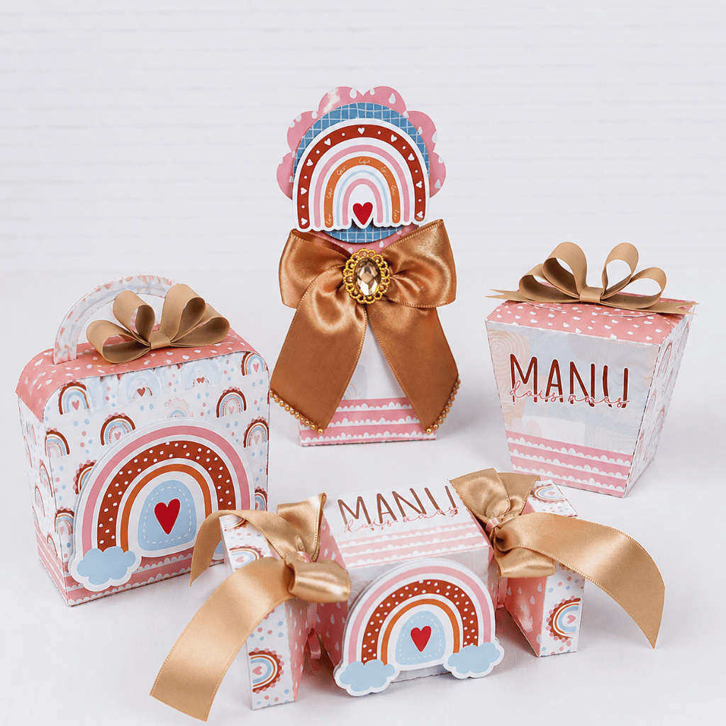 Kit Lembrancinhas Arco - íris Boho Personalizado | Kit Festa Infantil | Aniversário | Caixa Milk | Pirâmide | Caixa Bala