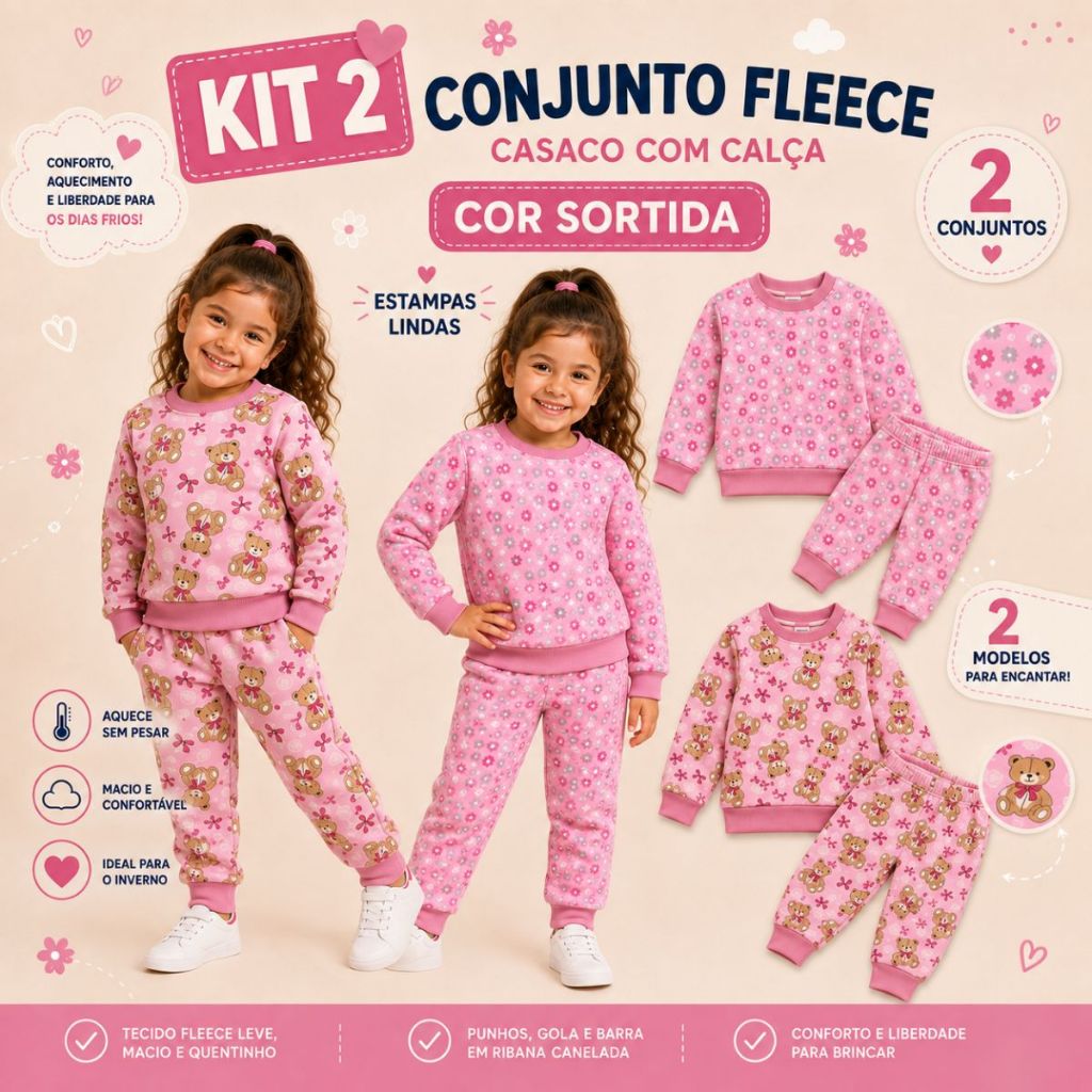 Kit 2 Conjuntos Fleece Infantil Menina 100% Poliéster Roupa Quentinha Confortável Pijama Para Inverno