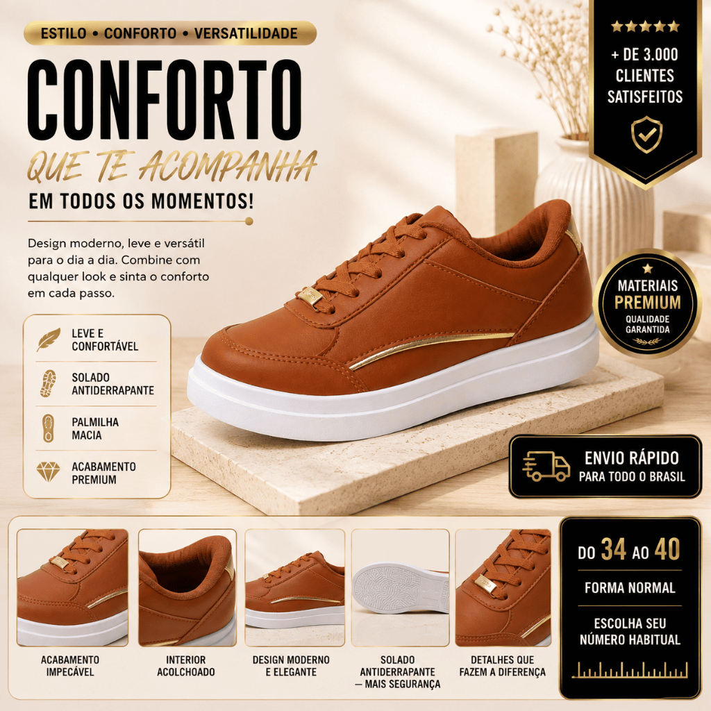 Tênis Feminino Casual Marrom Caramelo Detalhe Dourado Confortável Leve para Trabalho e Dia a Dia