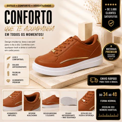 Tênis Feminino Casual Marrom Caramelo Detalhe Dourado Confortável Leve para Trabalho e Dia a Dia