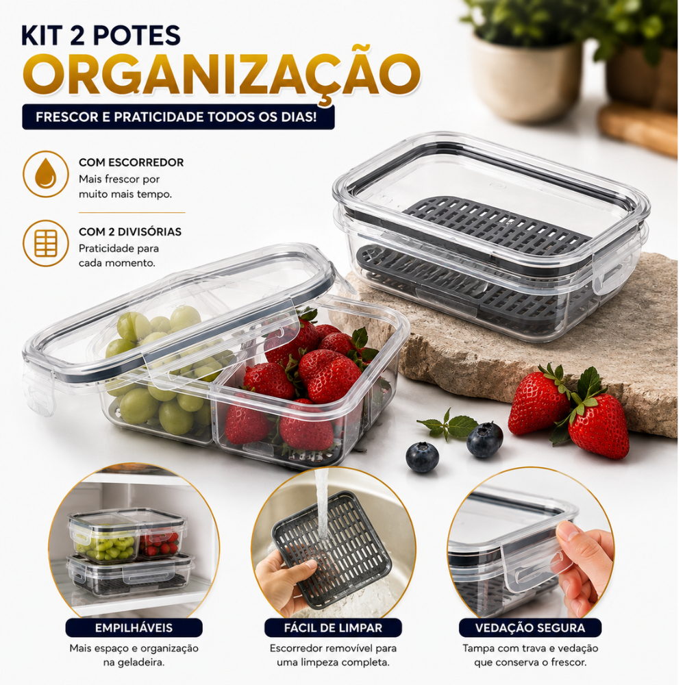 Kit Potes Herméticos Porta Frios Com 2 Divisorias Travas Cesto Escorredor 500 ML Frutas Alimentos
