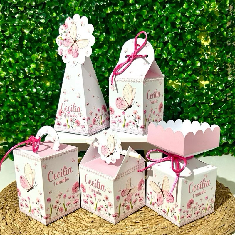 Kit Caixinhas Personalizadas Jardim das Borboletas Rosa Lembrancinhas Festa Personalizados