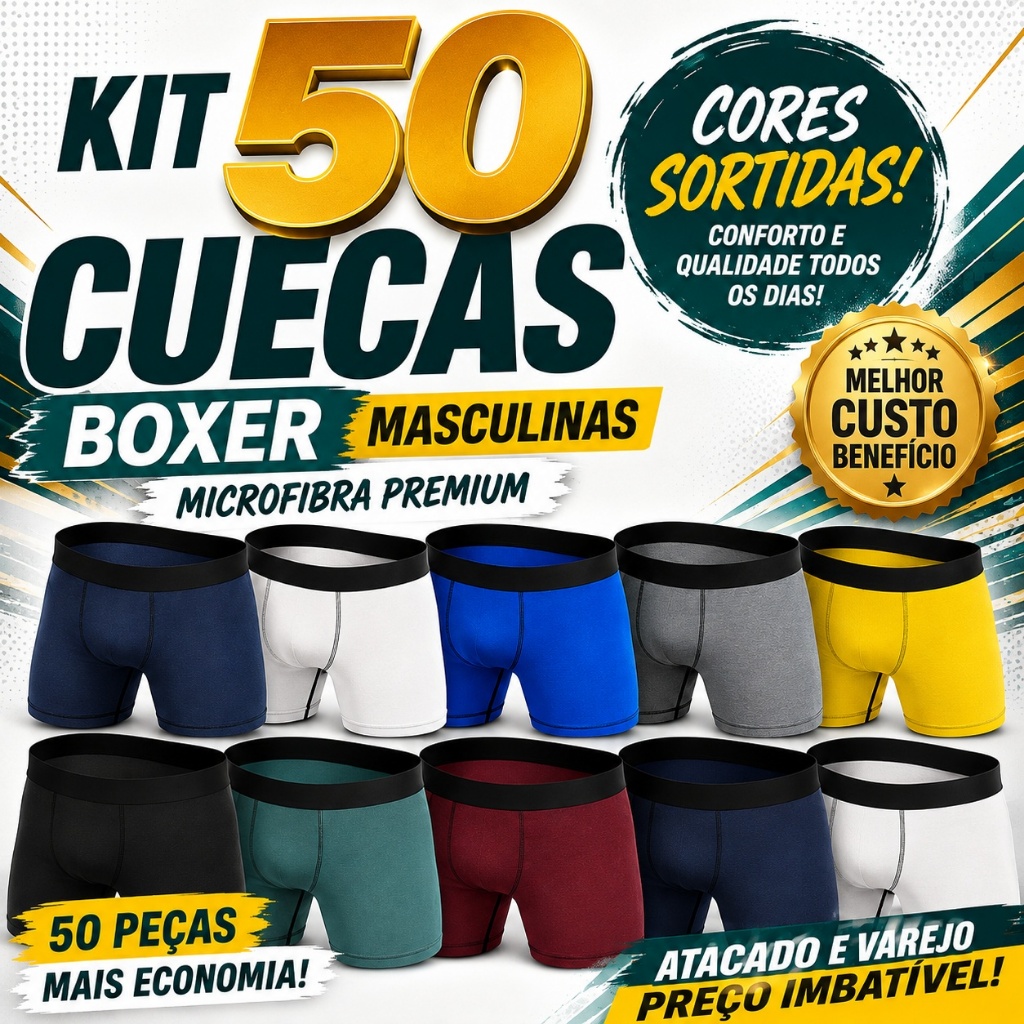 Kit 50 Cuecas Boxer Masculinas Microfibra Confortável Elástica Cores Sortidas Atacado