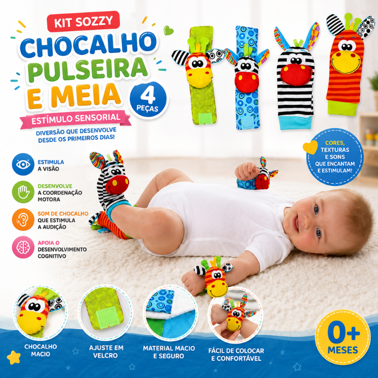 Kit Sozzy Chocalho Bebê Pulseira e Meia 4 Peças Estímulo Sensorial
