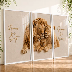 Quadros Decorativos Família de Leão Filhotes Frase Sempre Deus Sala Hall