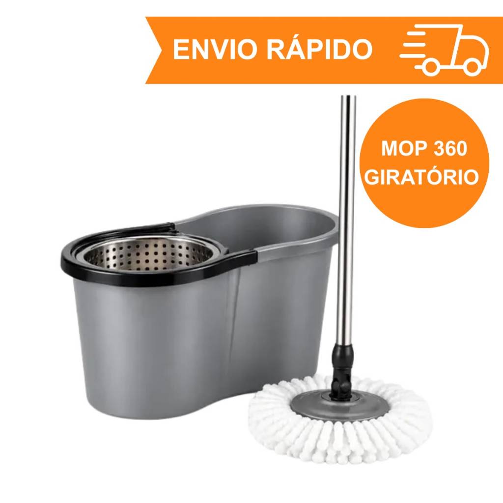 Balde Mop Giratório 360 com Esfregão Inox Completo Cesto e Cabo Ajustável Limpeza Prática