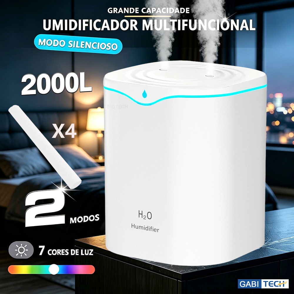 Umidificador De Ar Ultrassonico E Aromatizador Grande 2000ml Saída Dupla Luzes Led's Coloridas Silencioso Aromatizador