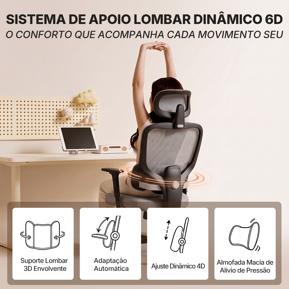 Cadeira de Escritório Ergonômica Gamer Mesh NR-17 Apoio Lombar 3D Reclinável Confortável Cinza · foto 2