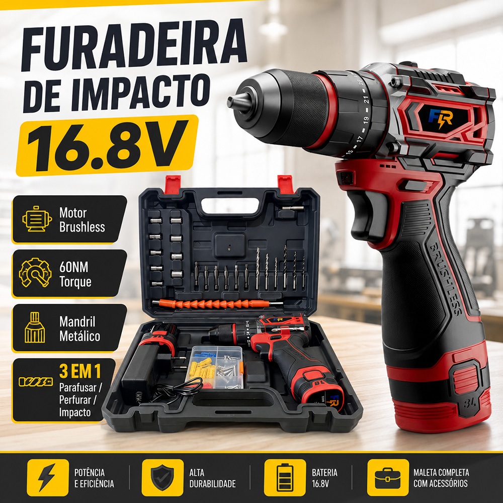 Furadeira Parafusadeira de Impacto Brushless 16,8V 60 Nm com 1 ou 2 Baterias