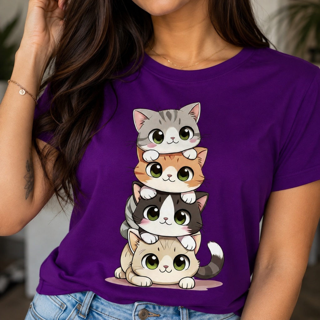Camiseta Feminina 100% Algodão Premium Estampada Gatinho Pilha Casual Confortável Moda