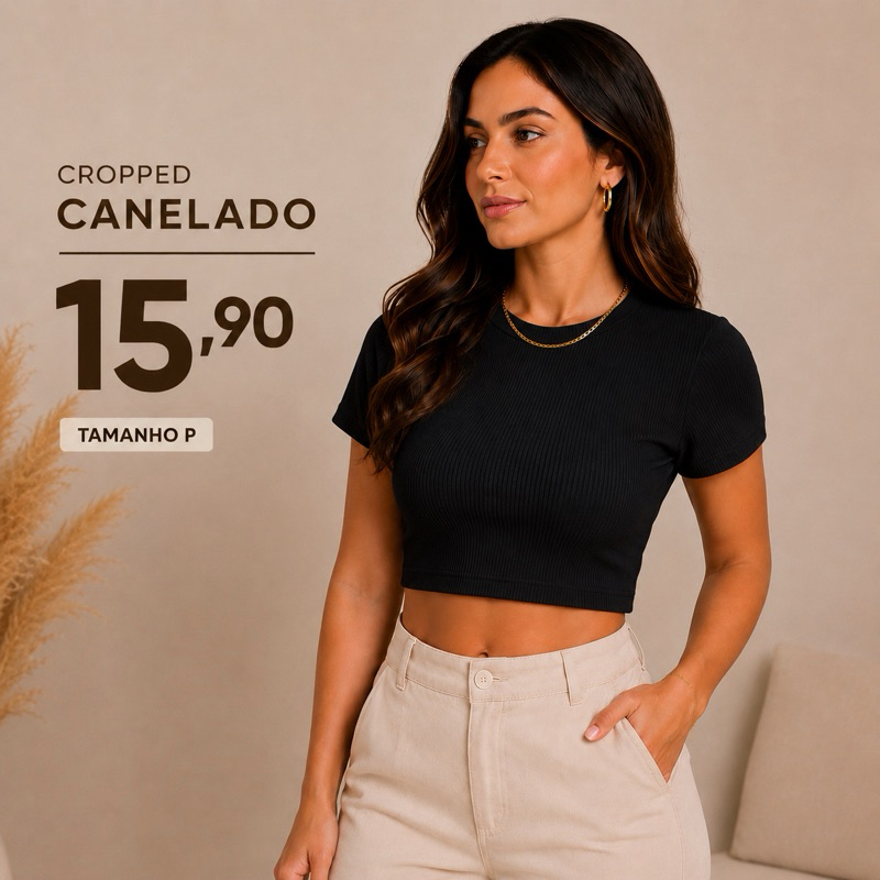 Cropped Feminino Canelado Manga Curta Gola Redonda – Tamanhos P e M