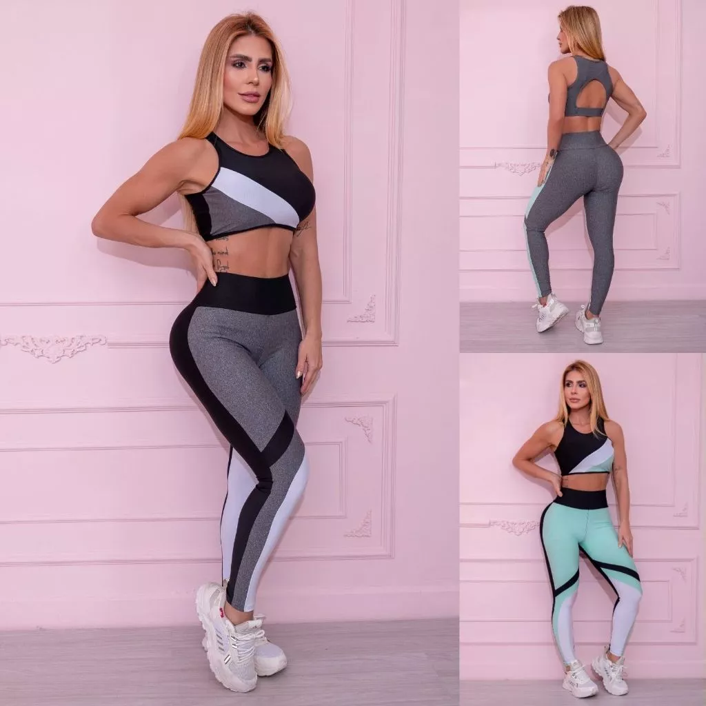 Conjunto Feminino Academia Calça Legging Cós Alto Cropped Sem Bojo Fitness Treino Recorte Colorido — imagem 1