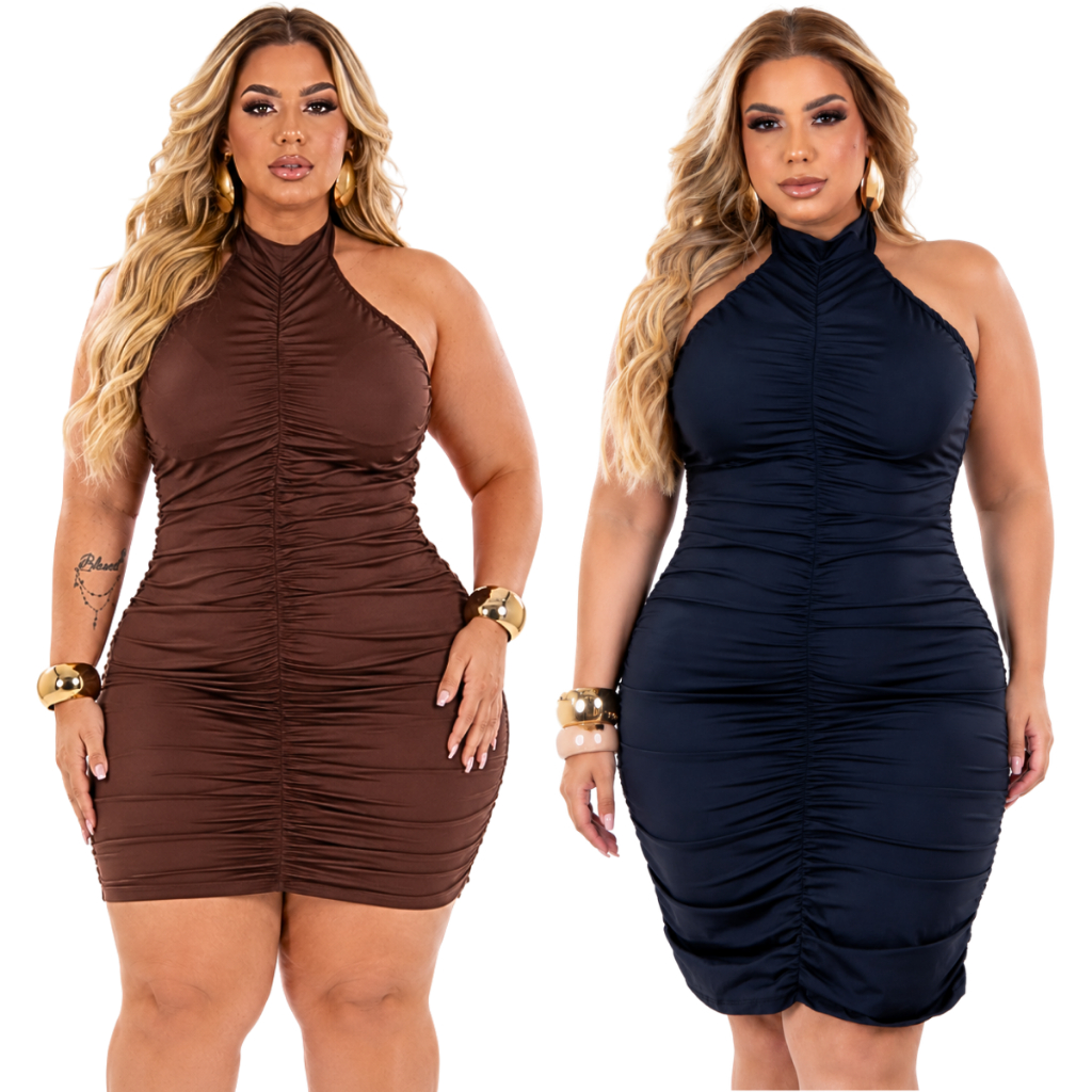 VESTIDO PLUS SIZE FEMININO GOLA ALTA COM BOJO DRAPEADO NA FRENTE LATERAL EMPINA BUMBUM MODA GRINGA