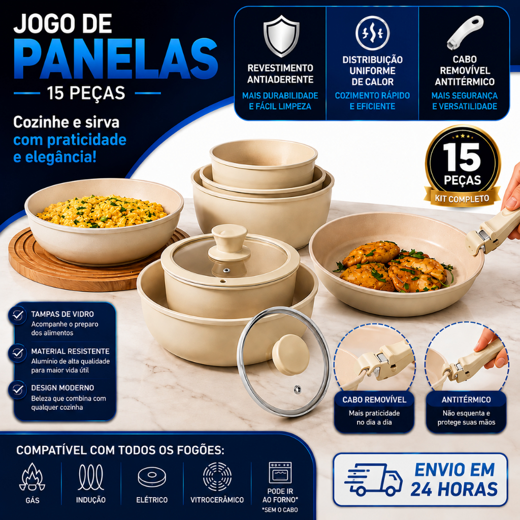 Jogo de Panelas 15 Peças Forno Fogão Indução Elétrico Gás Conjunto Com Tampa De Vidro e Cabo Removível Antitérmico