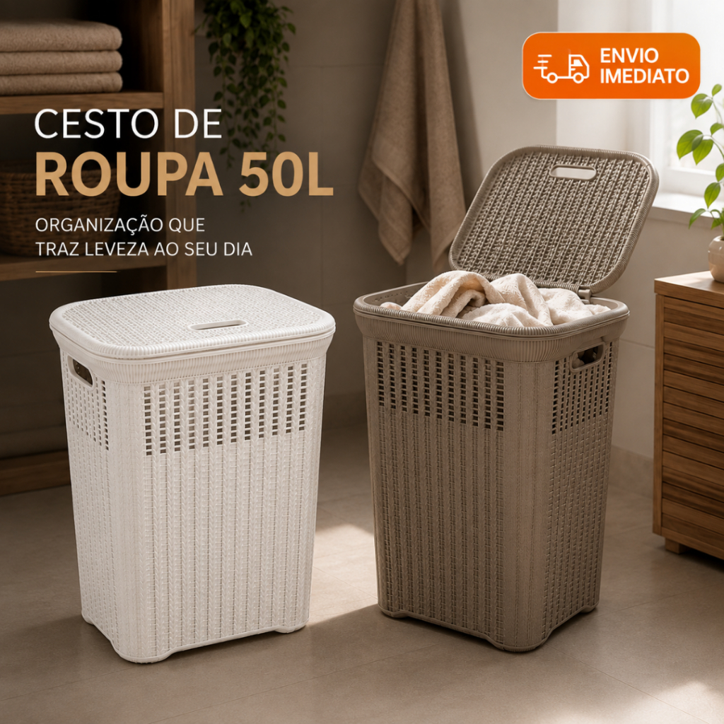 Cesto de Roupa Organizador Rattan 50 Litros com Tampa Várias Cores